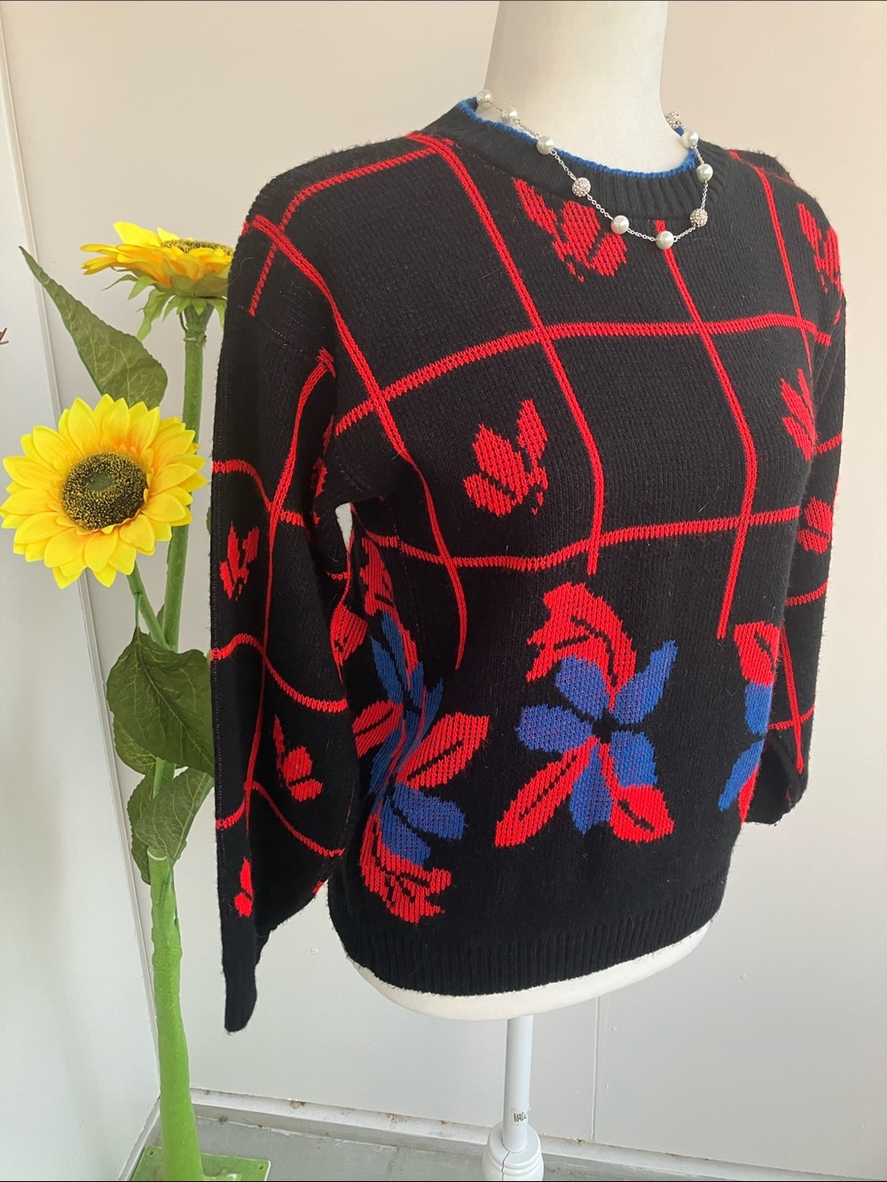Vintage 70s 80s Black, Blue, & Red Checkered and Floral Print Pullover Sweater